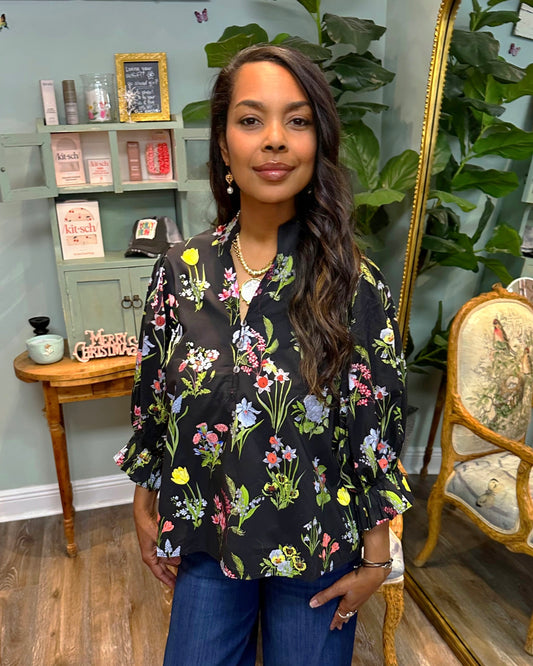 Black Multi Color Floral Print Top