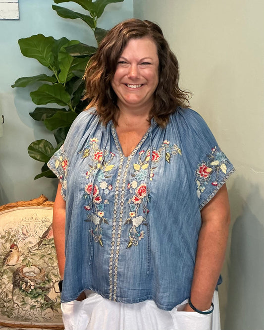 Embroidered Floral Notch V-neck Top