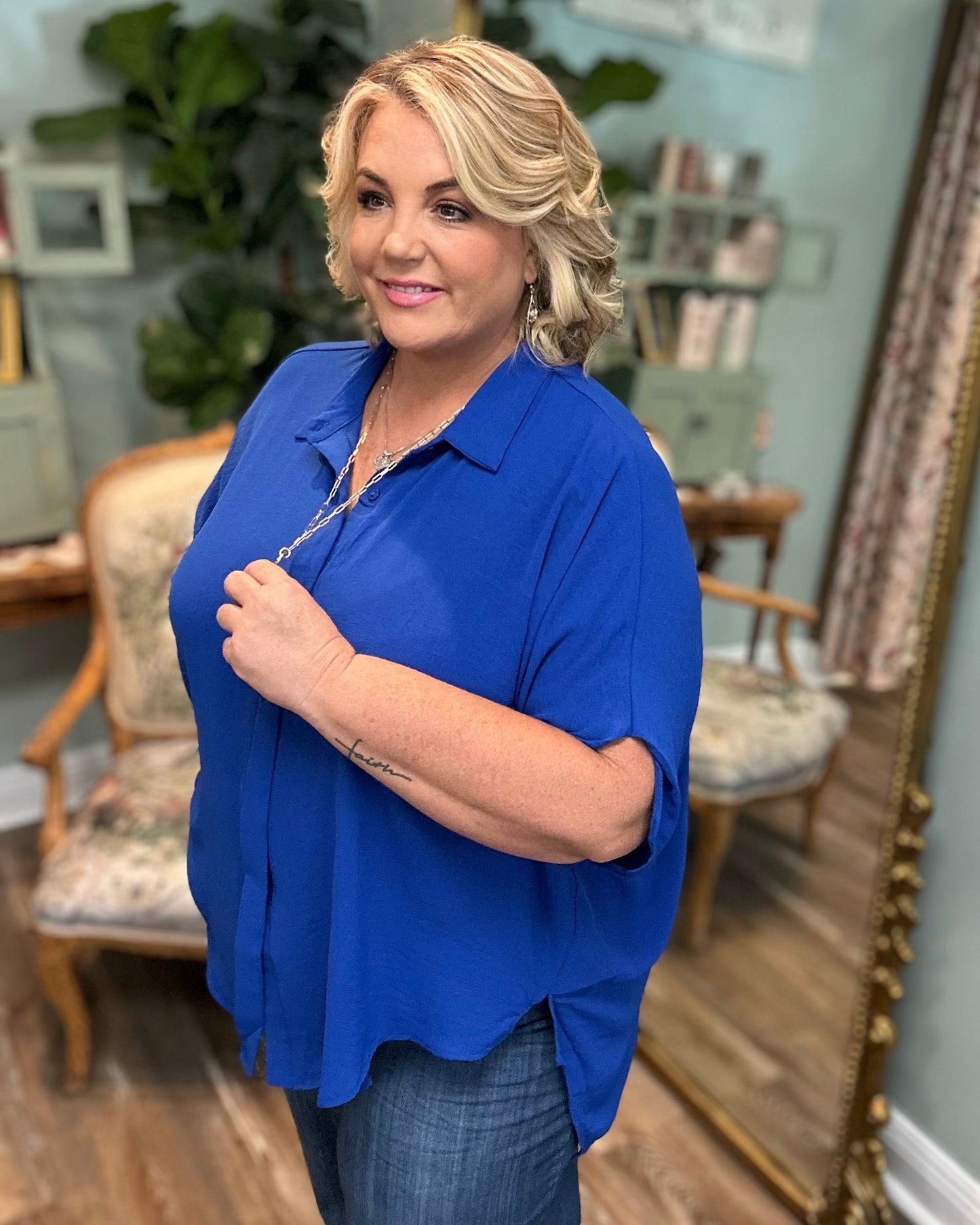 Royal Blue Oversized Button Down Hi/Lo Shirt