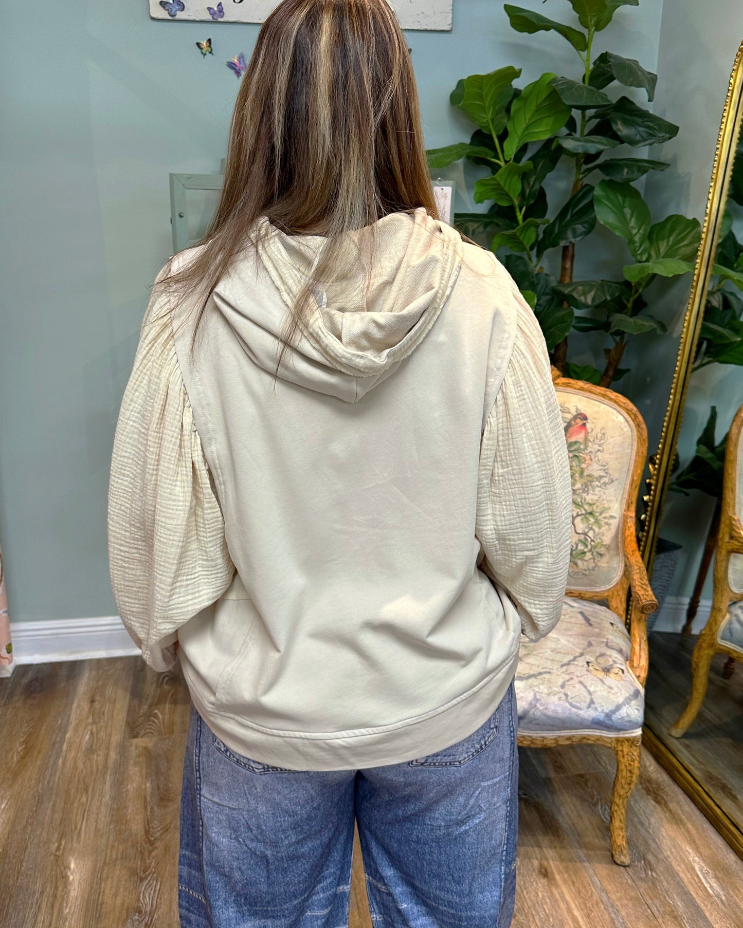 Taupe Hooded Sweatshirt with Gauze Sleeve