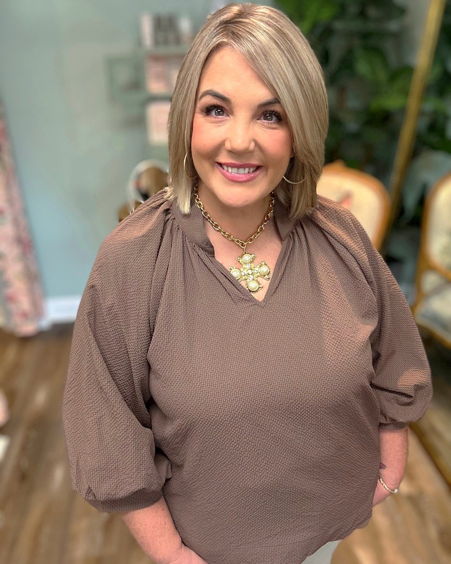 V- Neck Textured Scalloped Hem Top