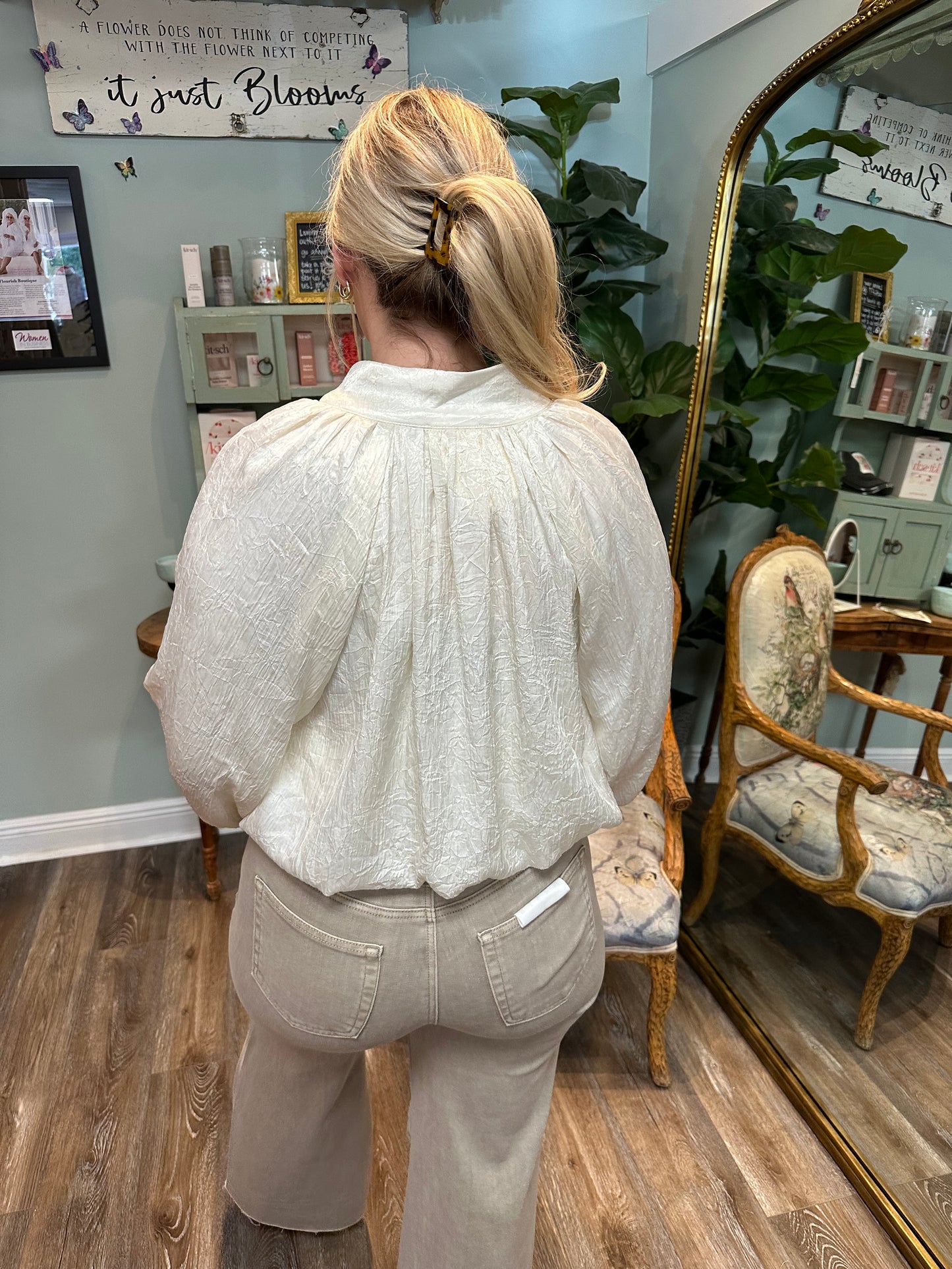 Cream Elastic Waist Bubble Top