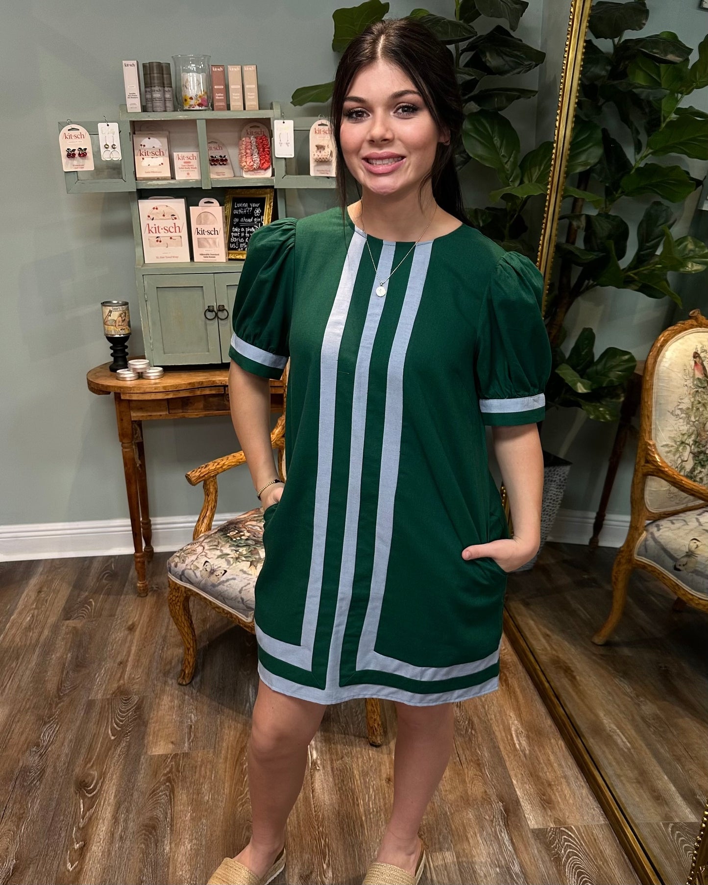 Hunter Green Shift Dress with Blue Edge