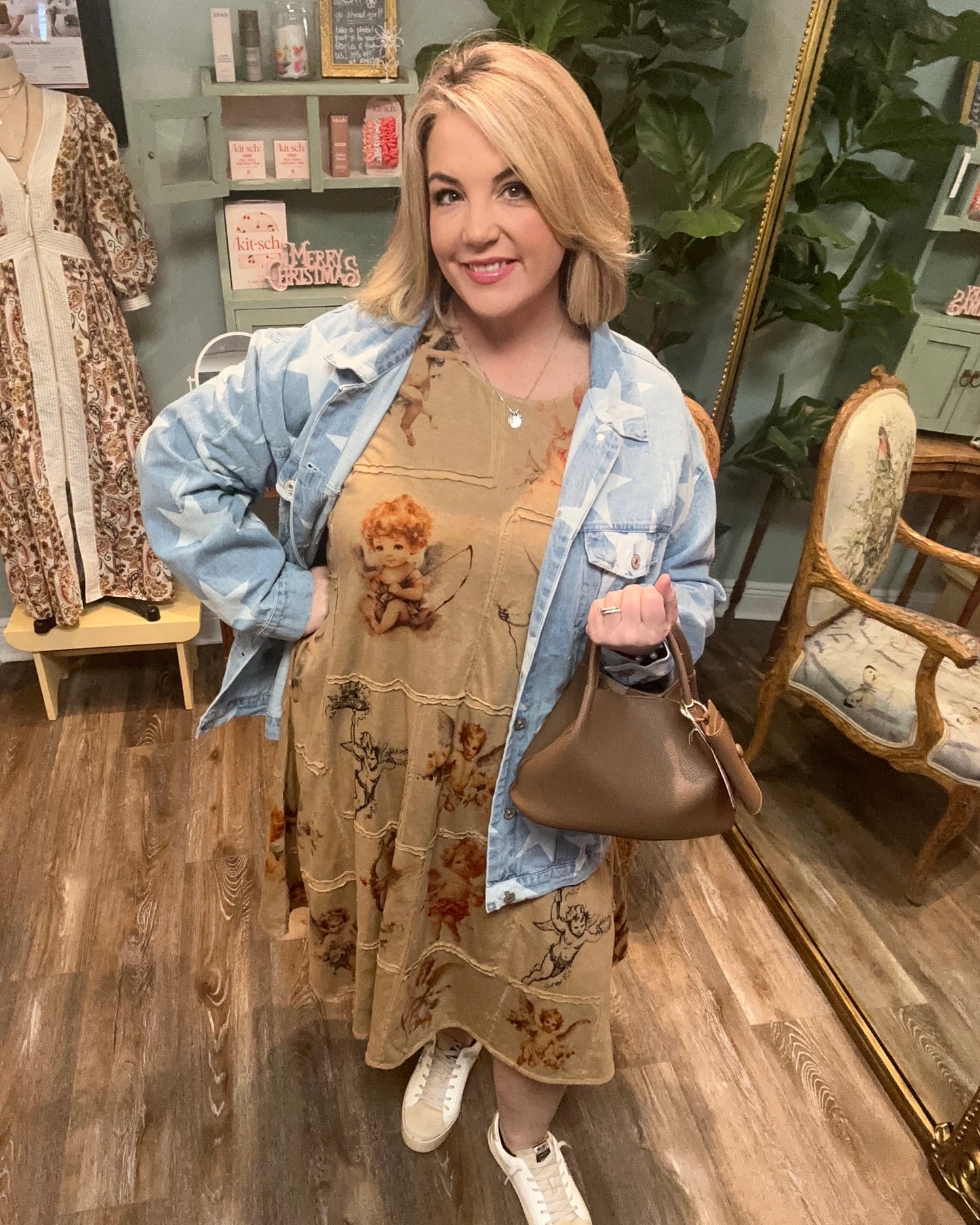 Angel Print Patchwork Dress - Natural Tea