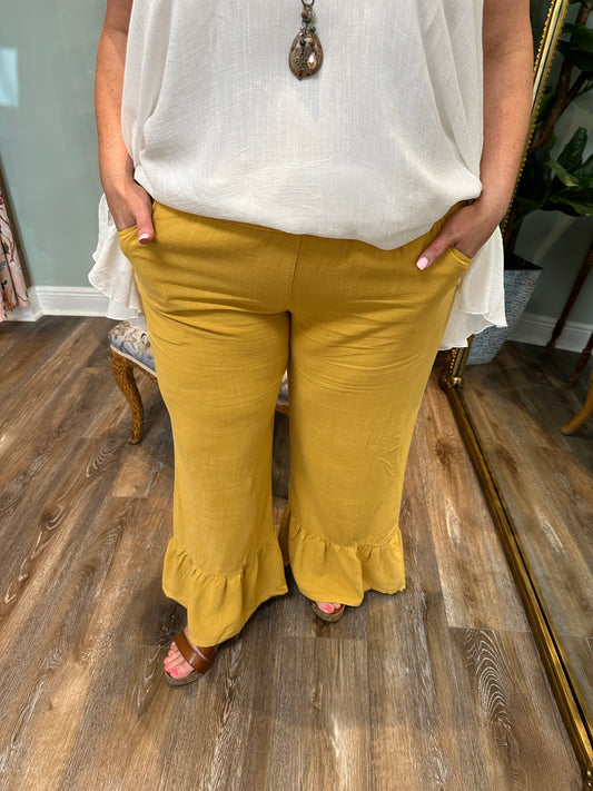 High Waist Linen Blend Ruffle Leg Pant