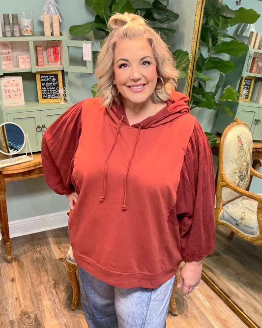 Washed Hooded Sweatshirt with Gauze Sleeve