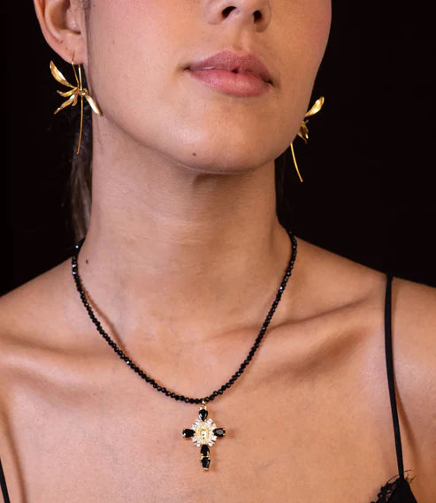 Black Tourmaline Bead Necklace with Cross