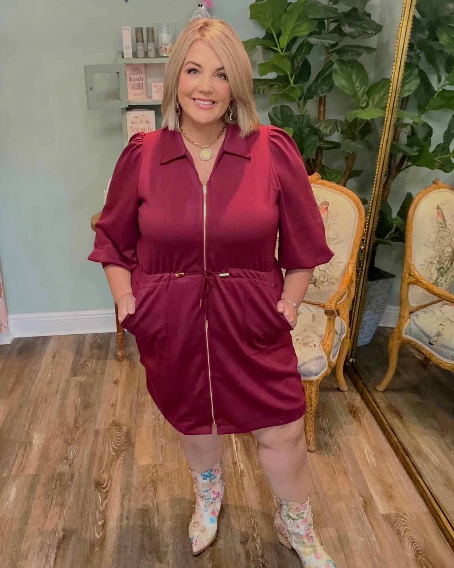 LS Zip Up Tie Waist Dress