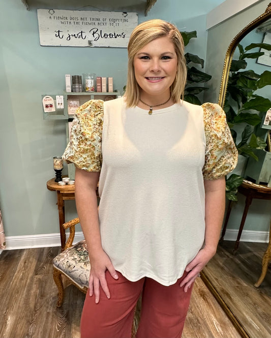 Textured Top with Floral Puff Sleeve