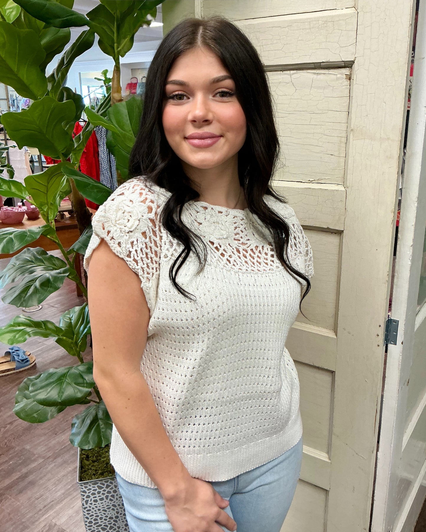 Ivory Floral Yoke Crochet Top