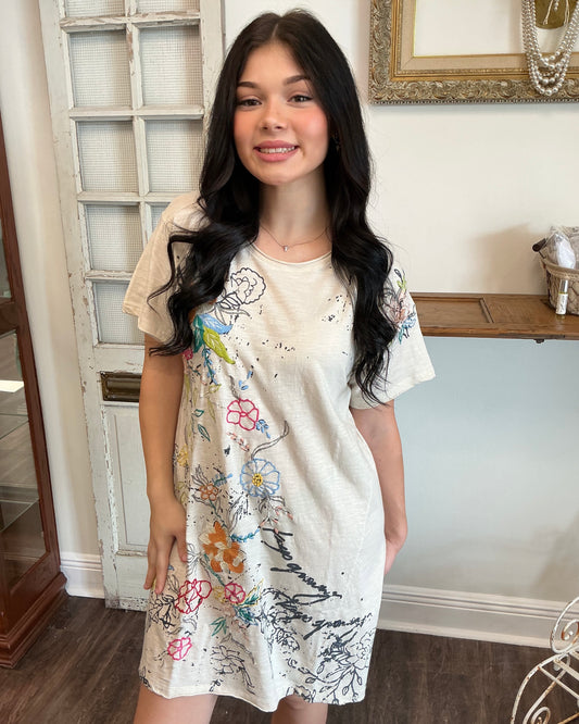 Embroidered Detail T-Shirt Dress - Birch
