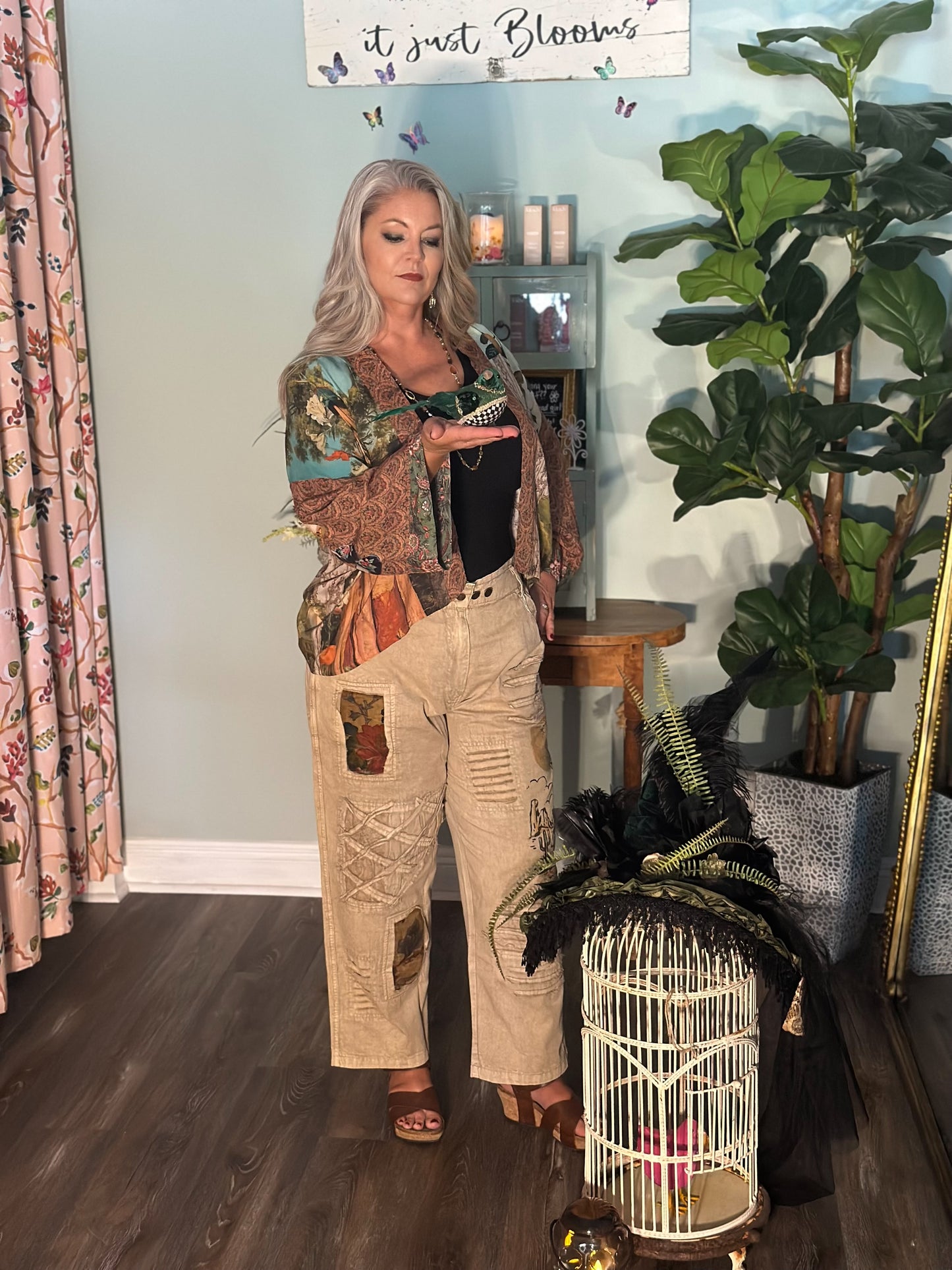 Cowgirl Printed Khaki Pants with Velvet Rusching