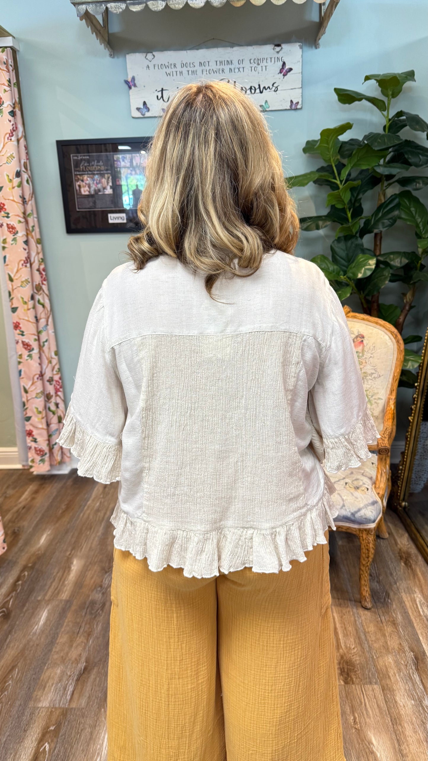 Linen Blend Cropped Shacket with Ruffle Hem