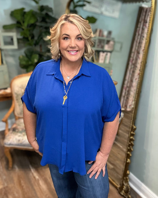 Royal Blue Oversized Button Down Hi/Lo Shirt