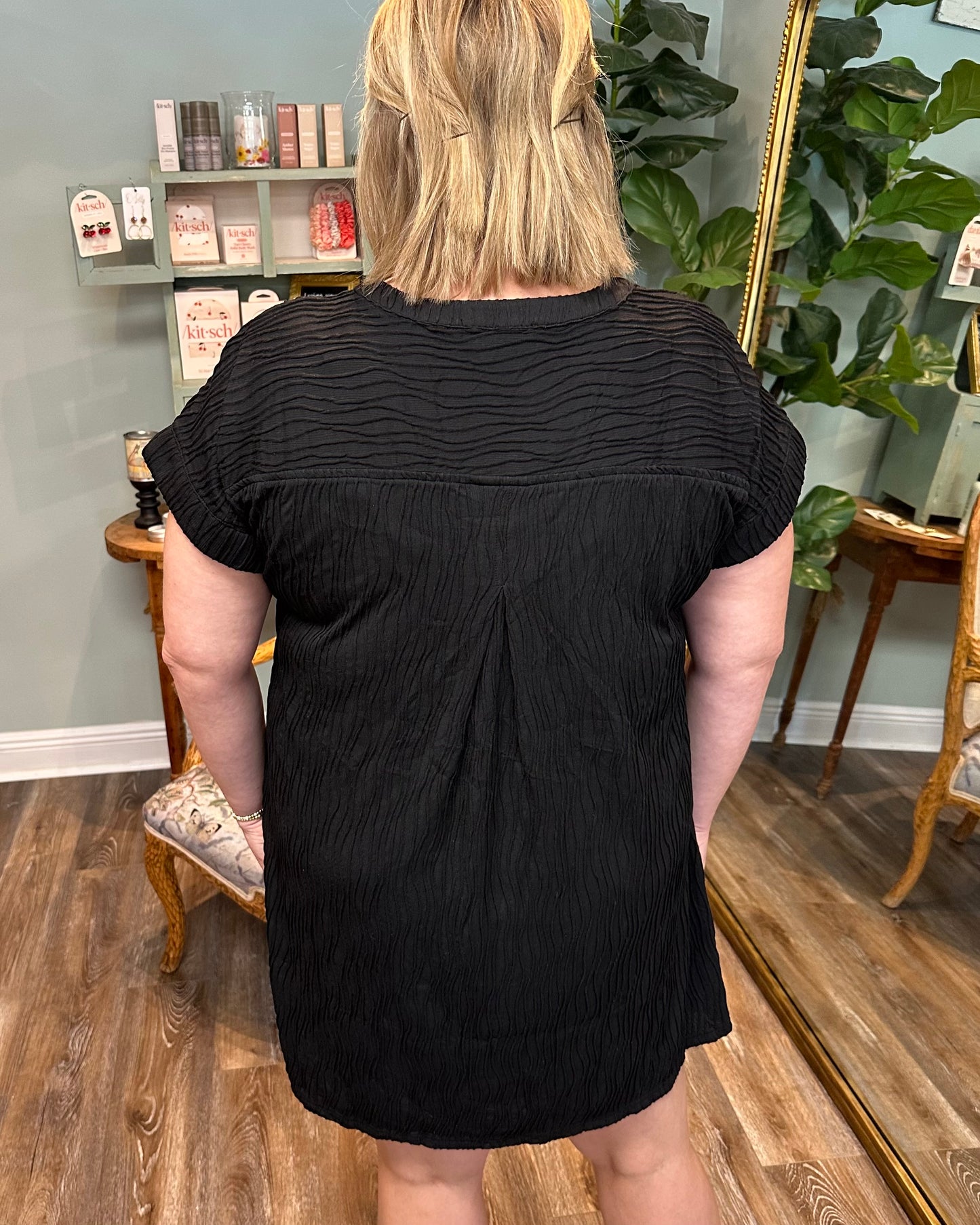 Black Textured Dress with Pockets