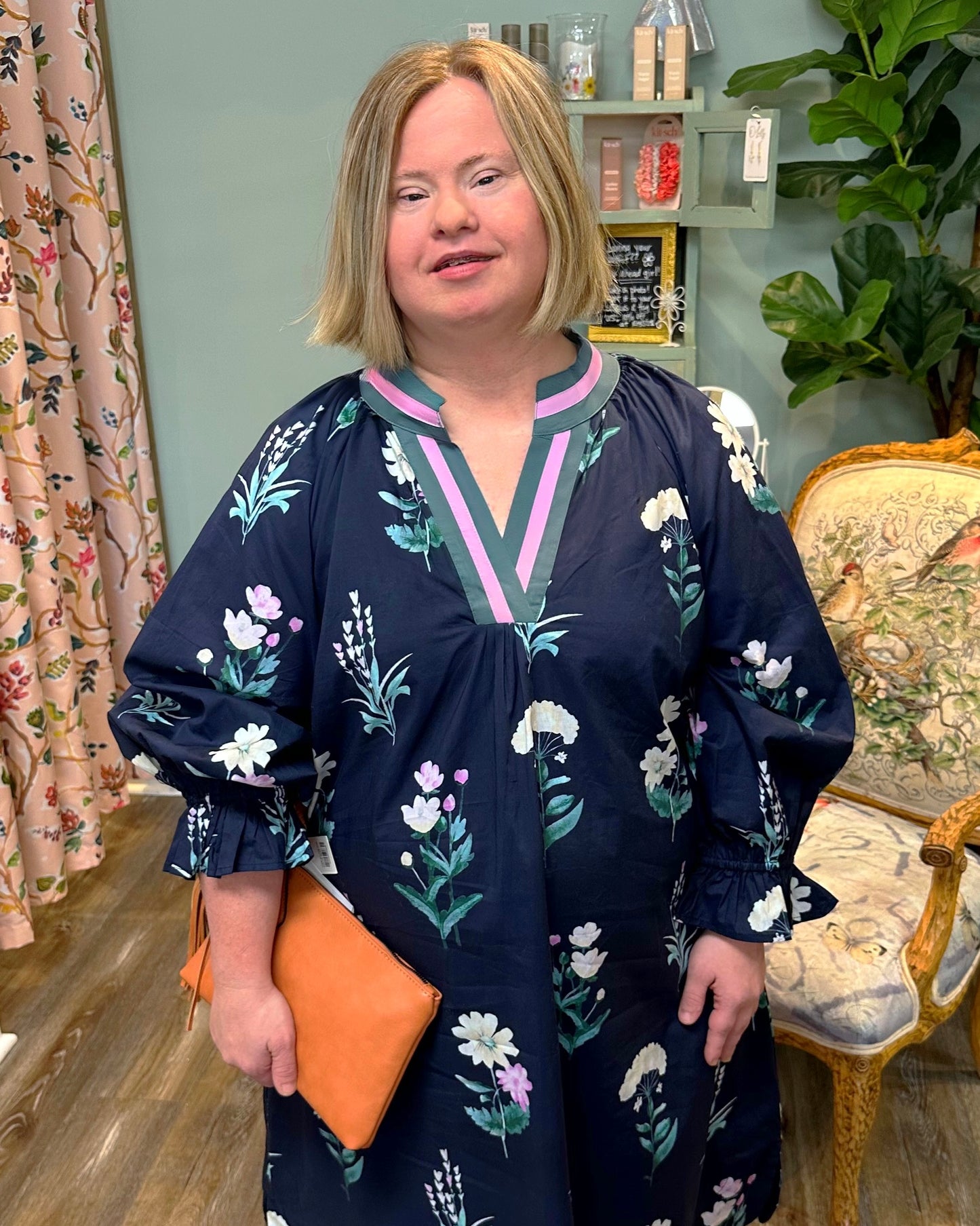 Navy Floral Print Midi Dress