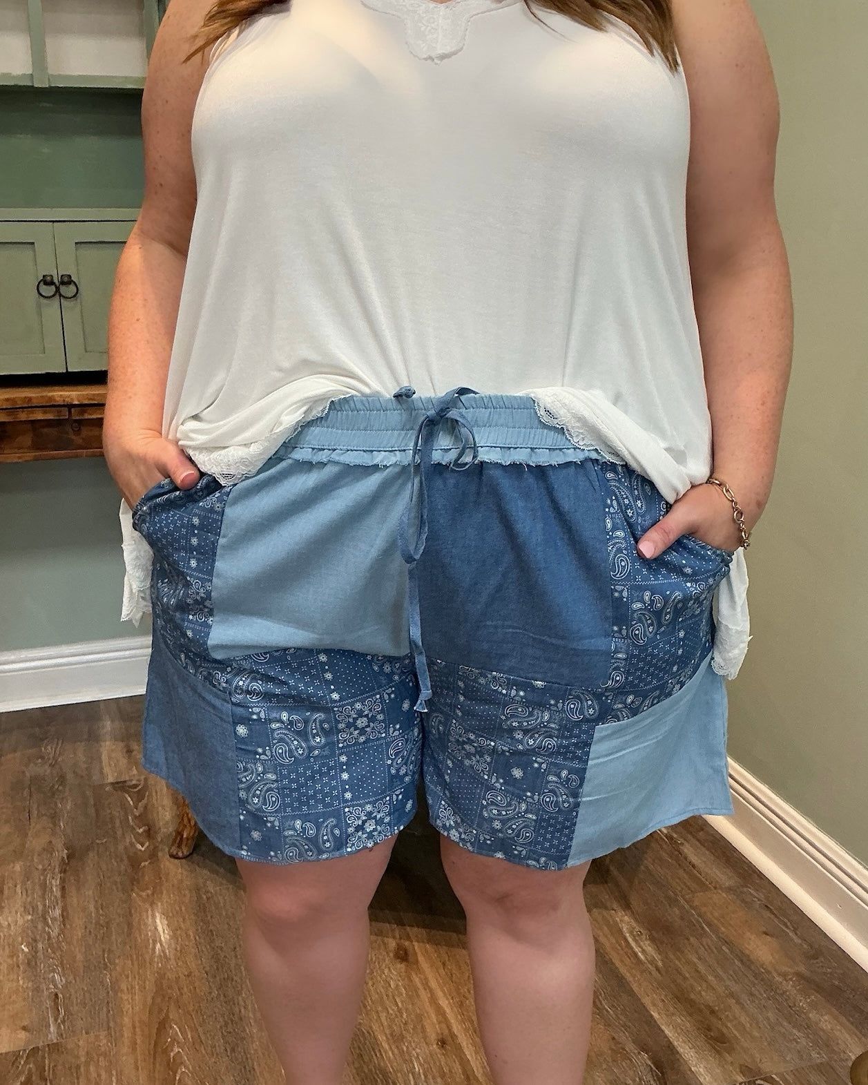 Chambray Patch Elastic Waist Shorts