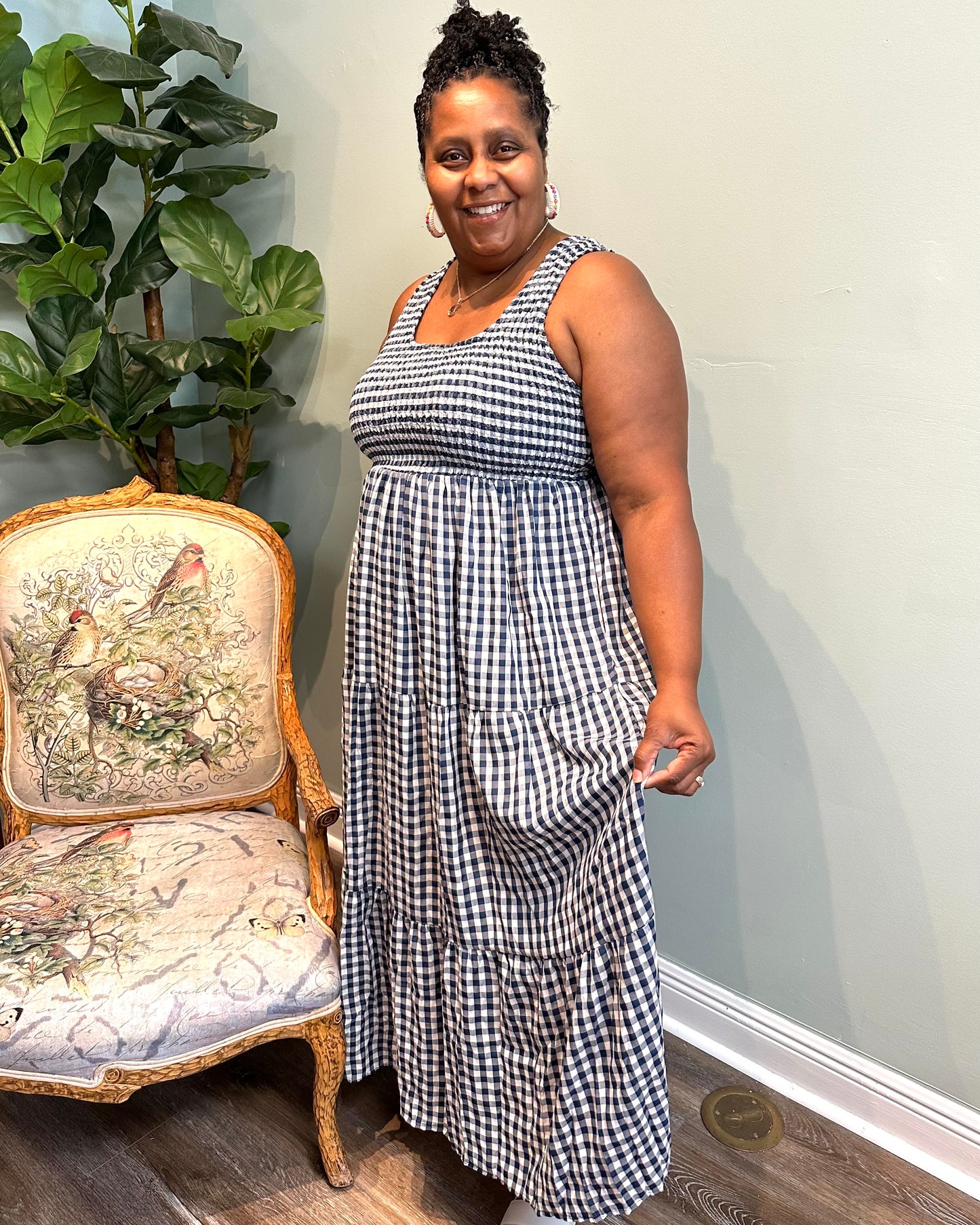 Navy Gingham Maxi Dress