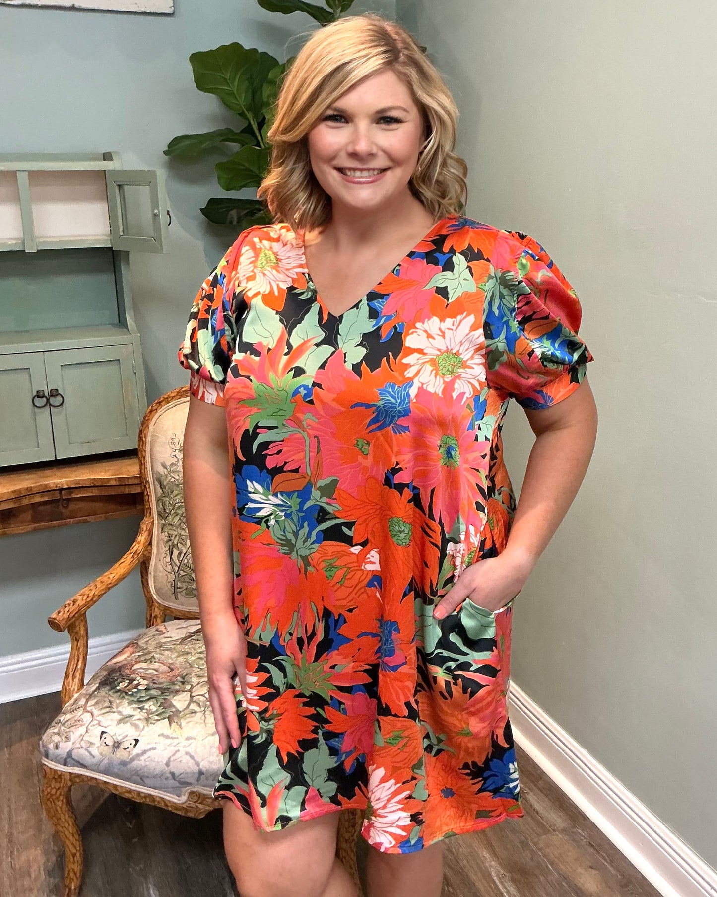Satiny V-neck Floral Dress