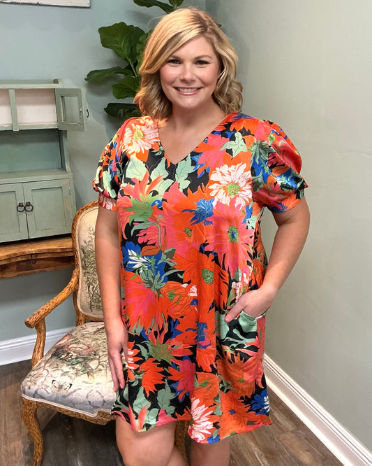 Satiny V-neck Floral  Dress