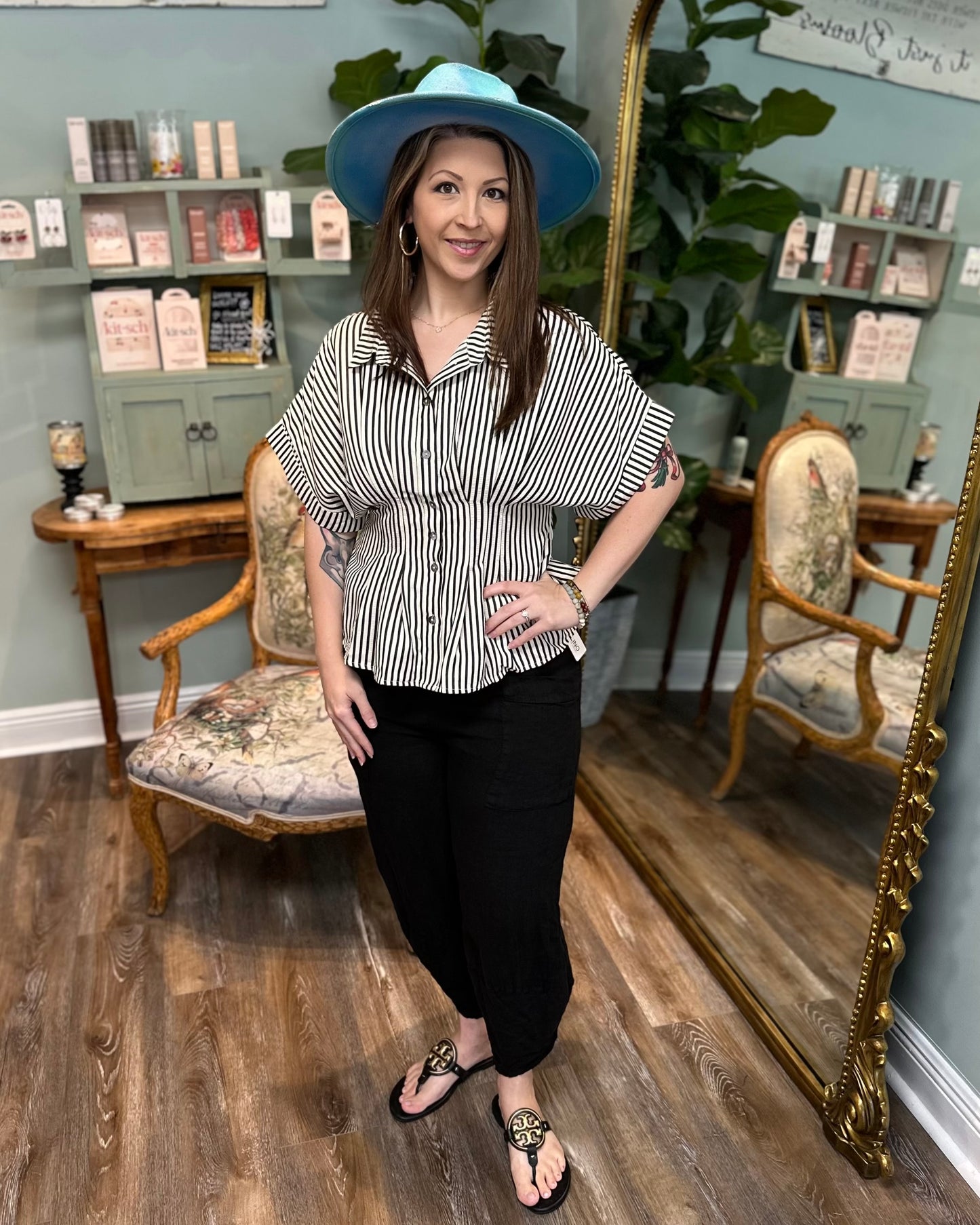 Black Stripe Fitted Waist Top