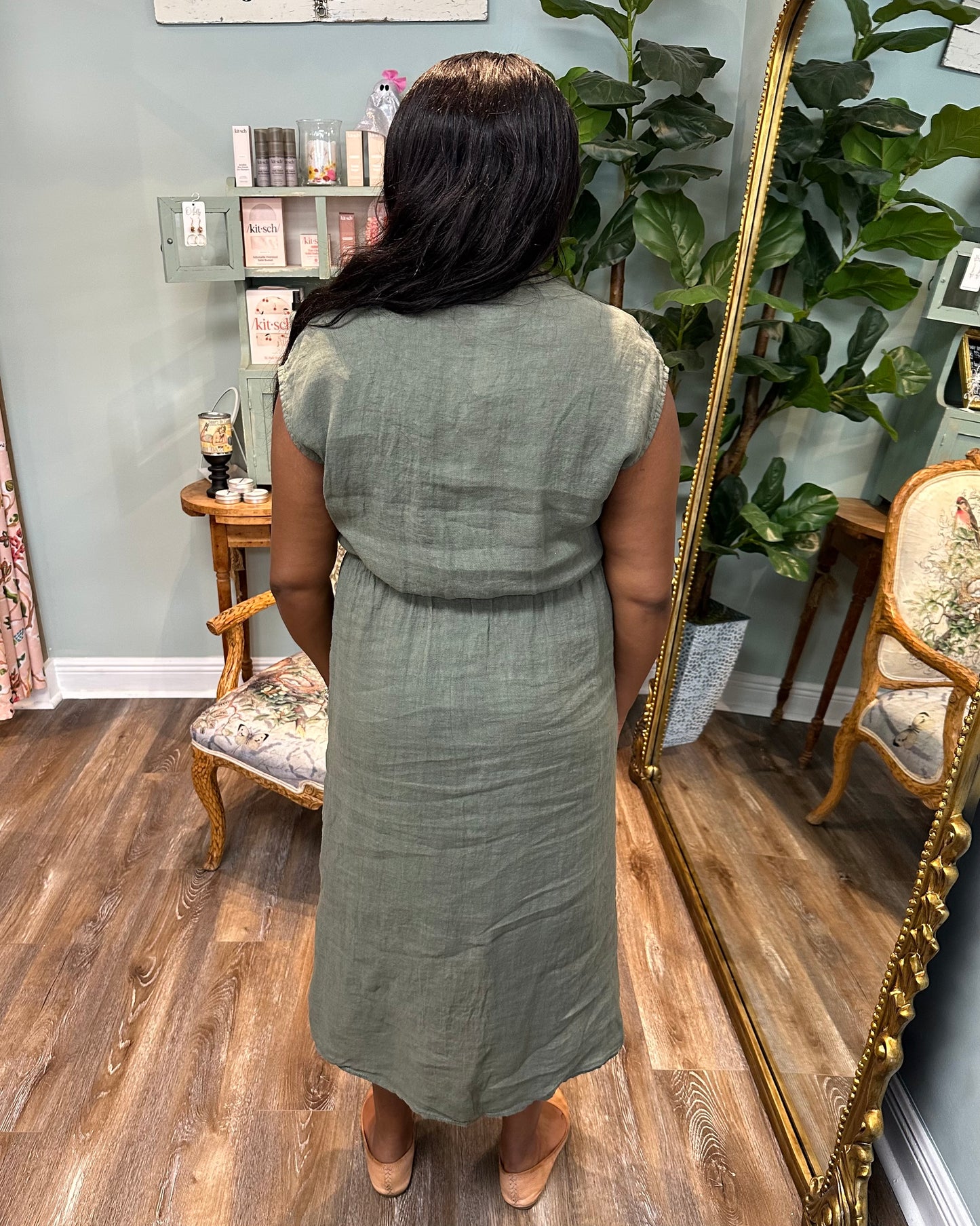 Cinched Waist Linen Dress with Pockets