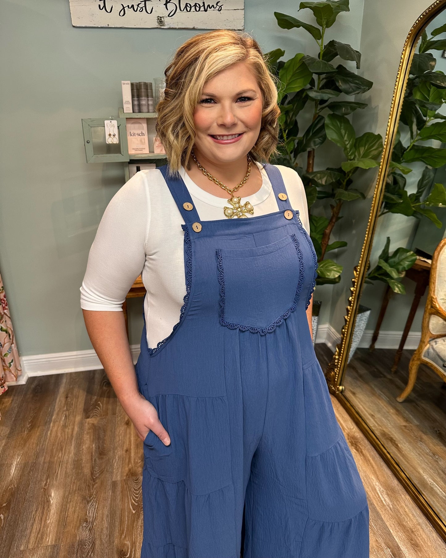 Denim Blue Overall with Tiered Wide Leg