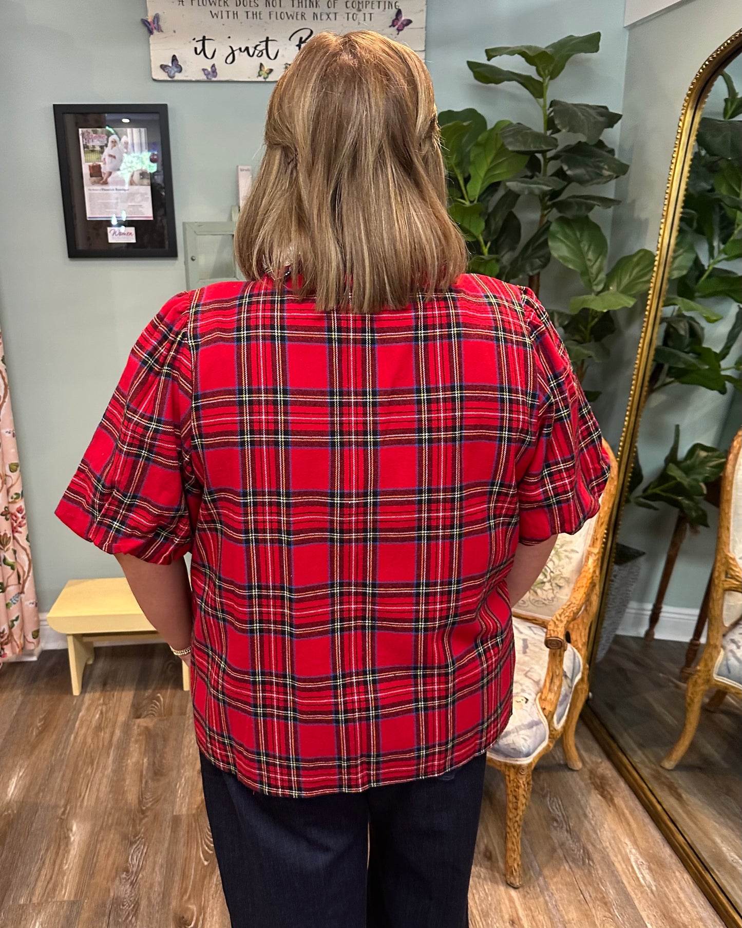 Red Plaid Balloon Sleeve Top