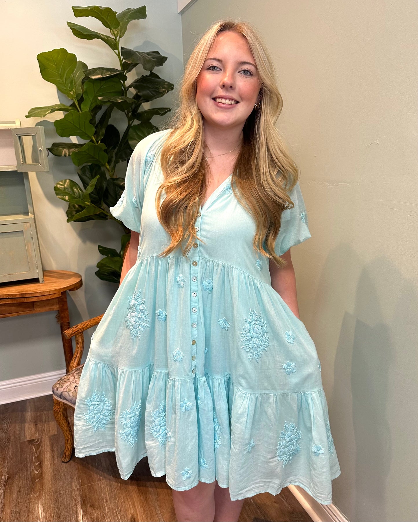Embroidered Tiered Button-Up Dress