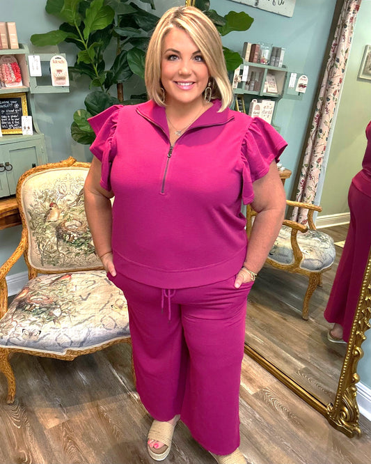 Elastic Waist Textured Magenta Pant