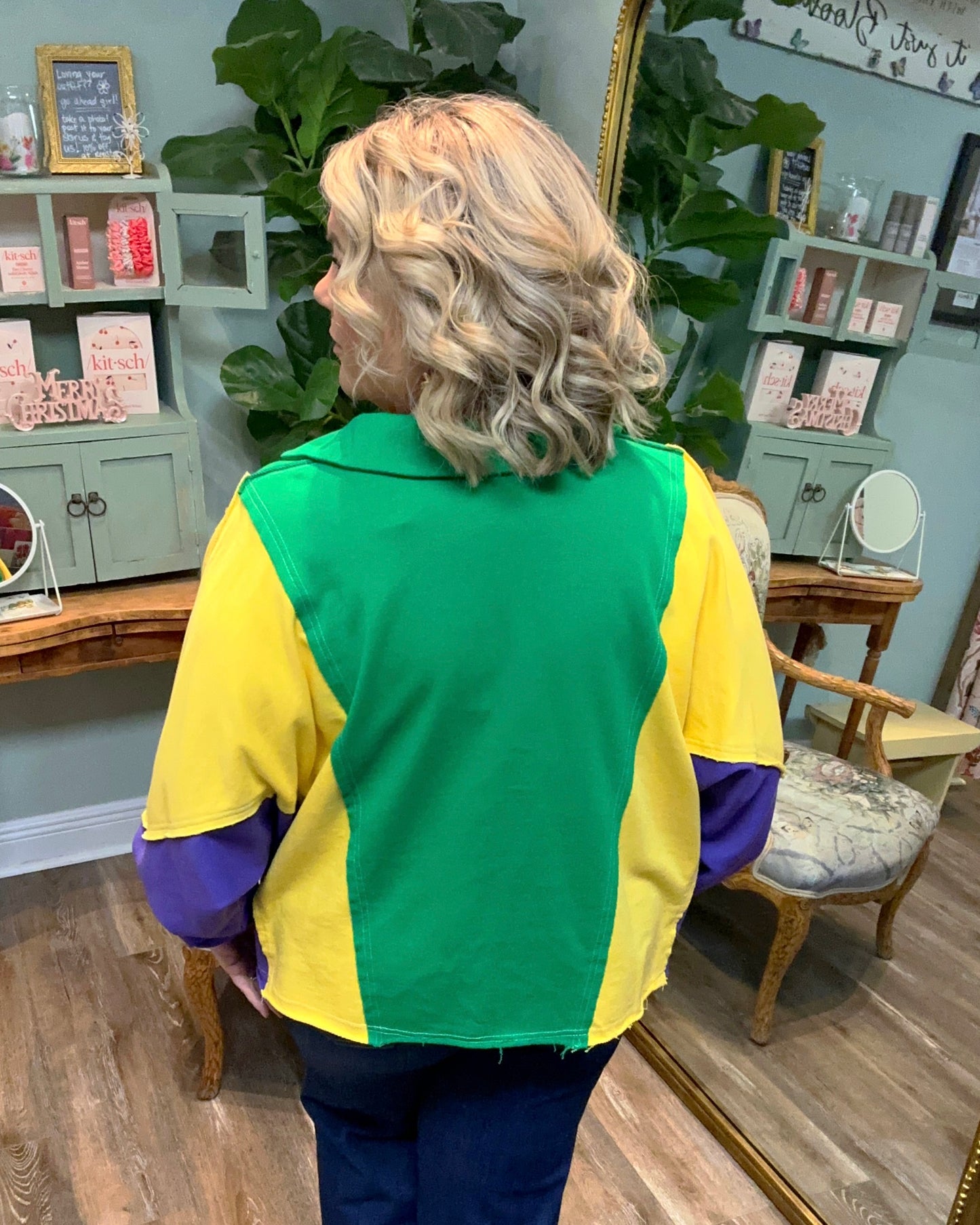 Raw Hem V Neck Mardi Gras Top