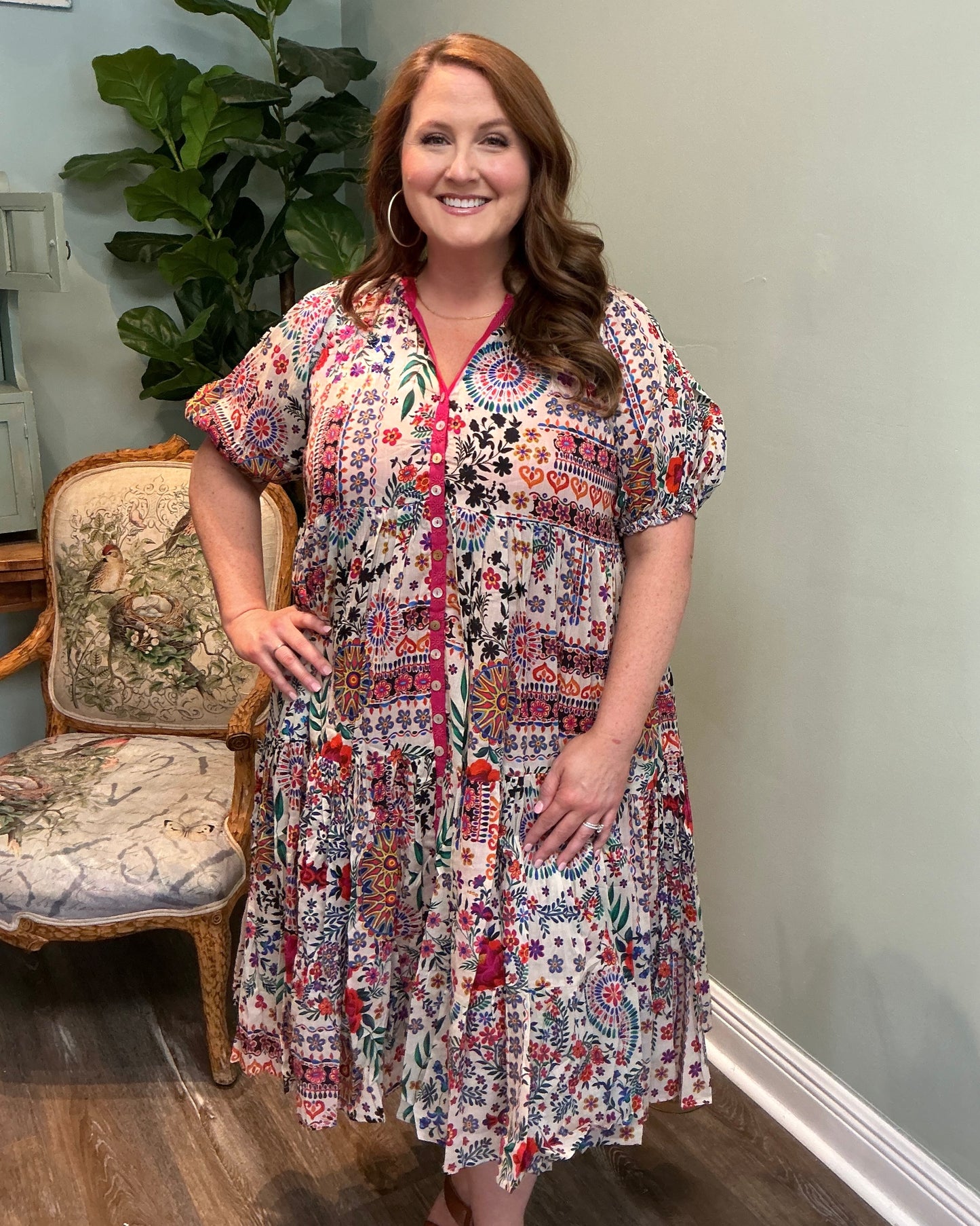 Multi Color Floral Print Button Up Dress