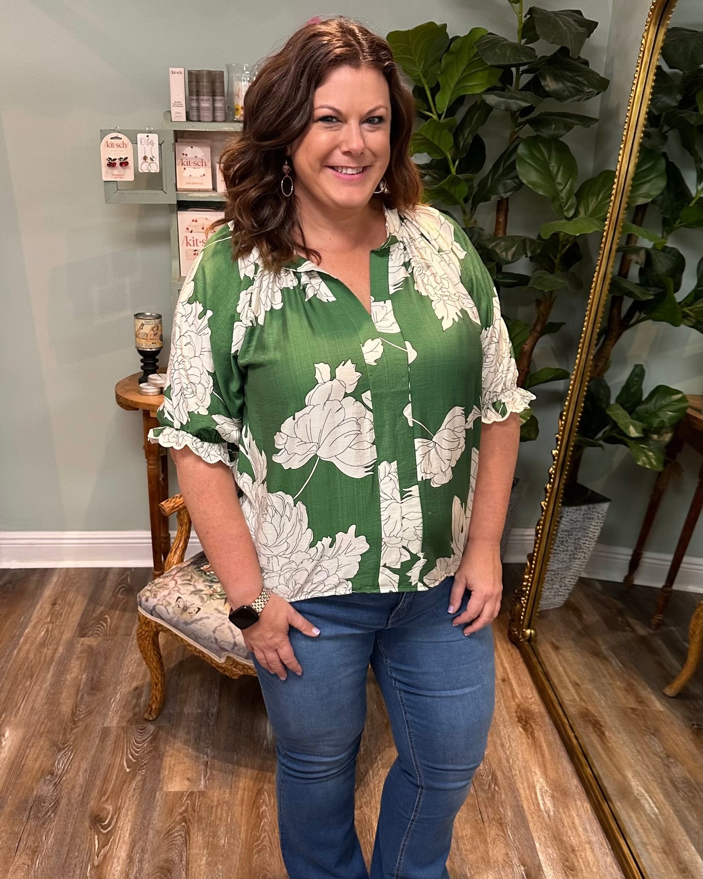 Green and Ivory Floral V-neck Top