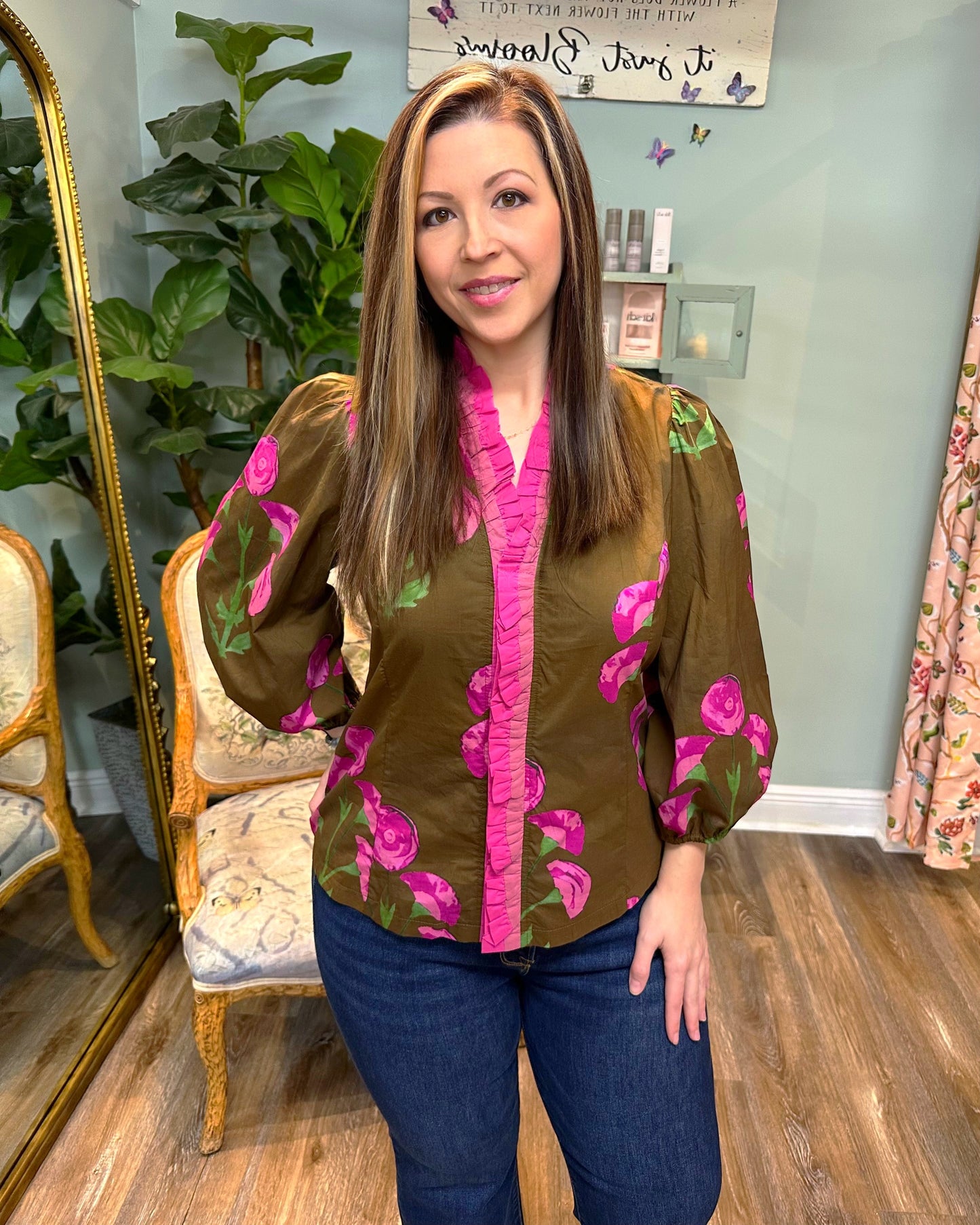 Mocha Floral Print Ruffle Neck Top