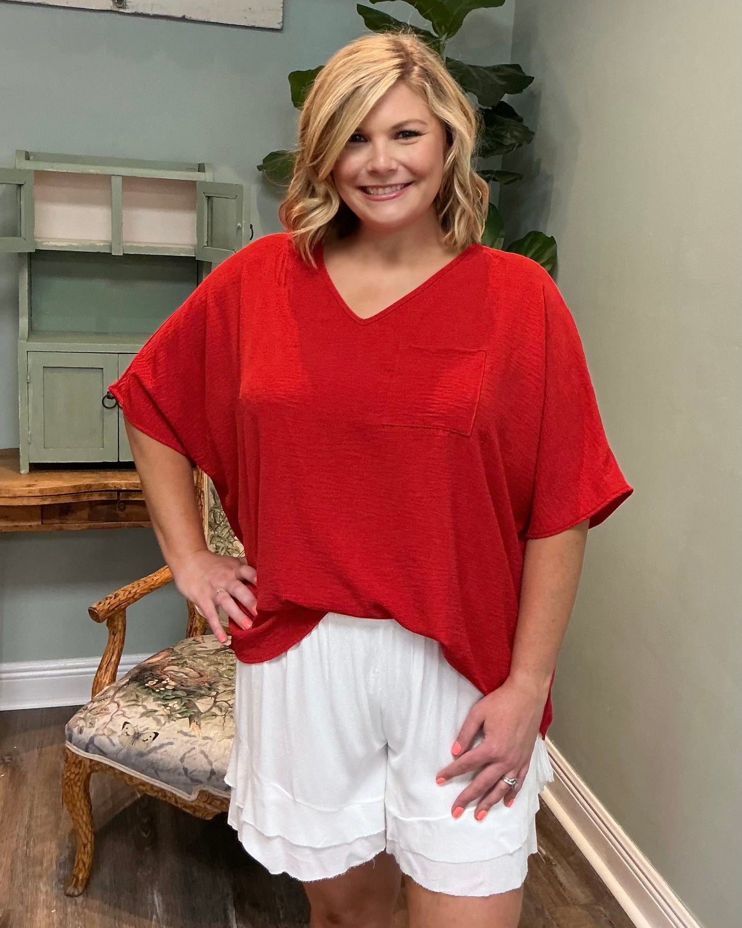 Basic Textured V-neck Top