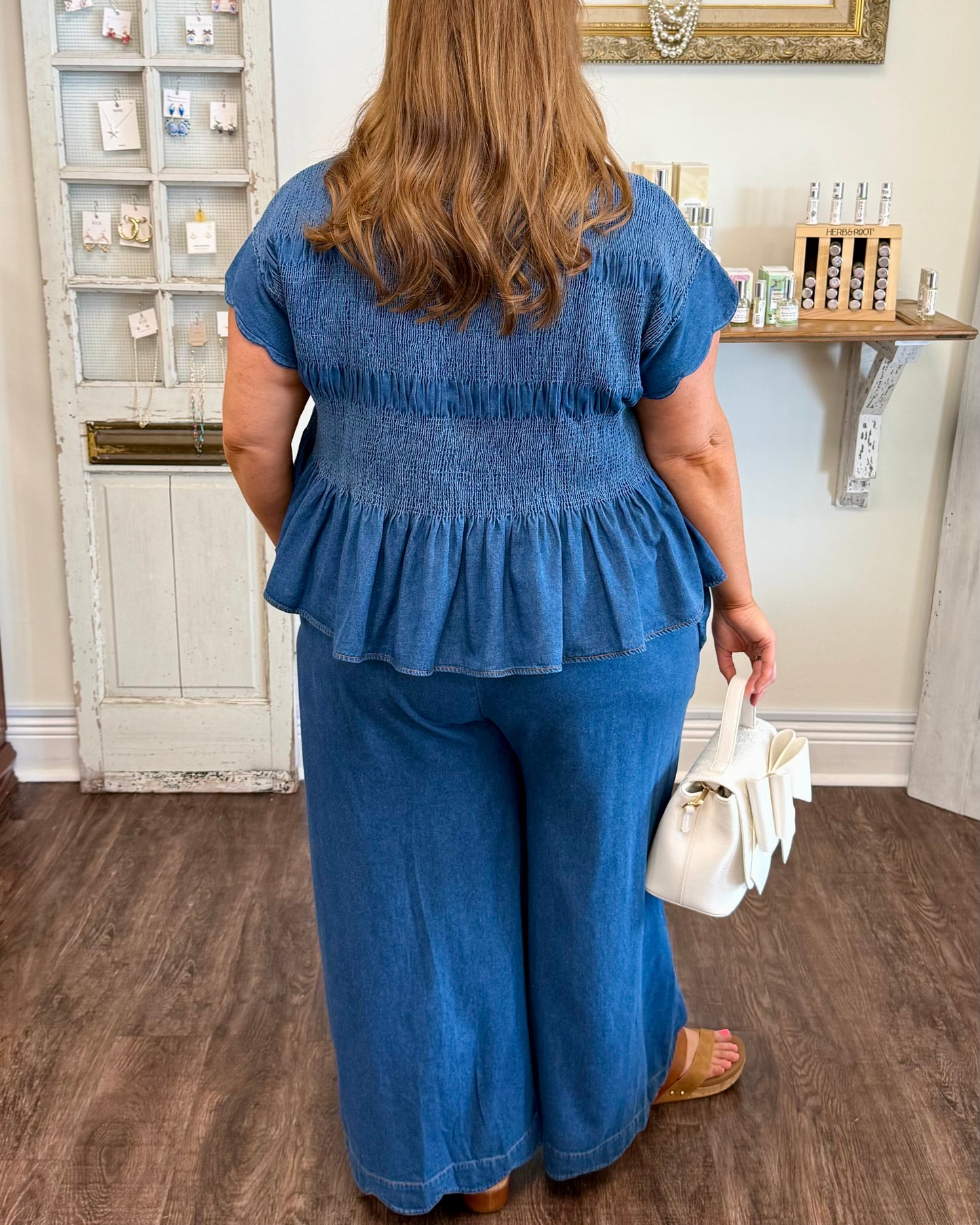 Chambray Scalloped Hem Pants