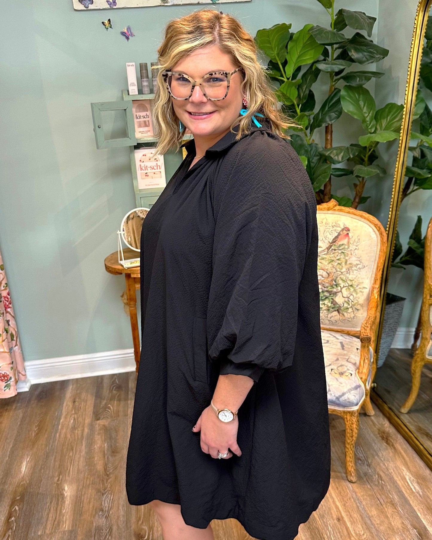 Black Textured LS Midi Dress