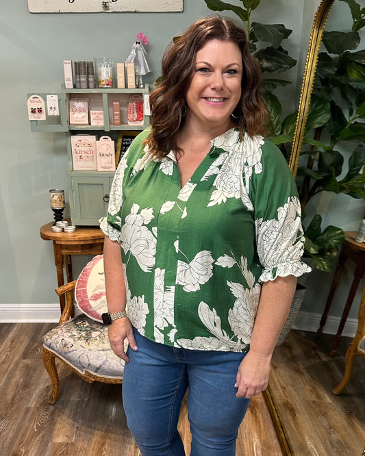 Green and Ivory Floral V-neck Top