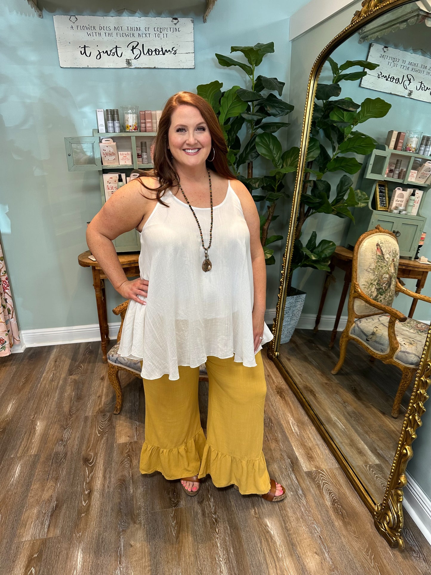 High Waist Linen Blend Ruffle Leg Pant