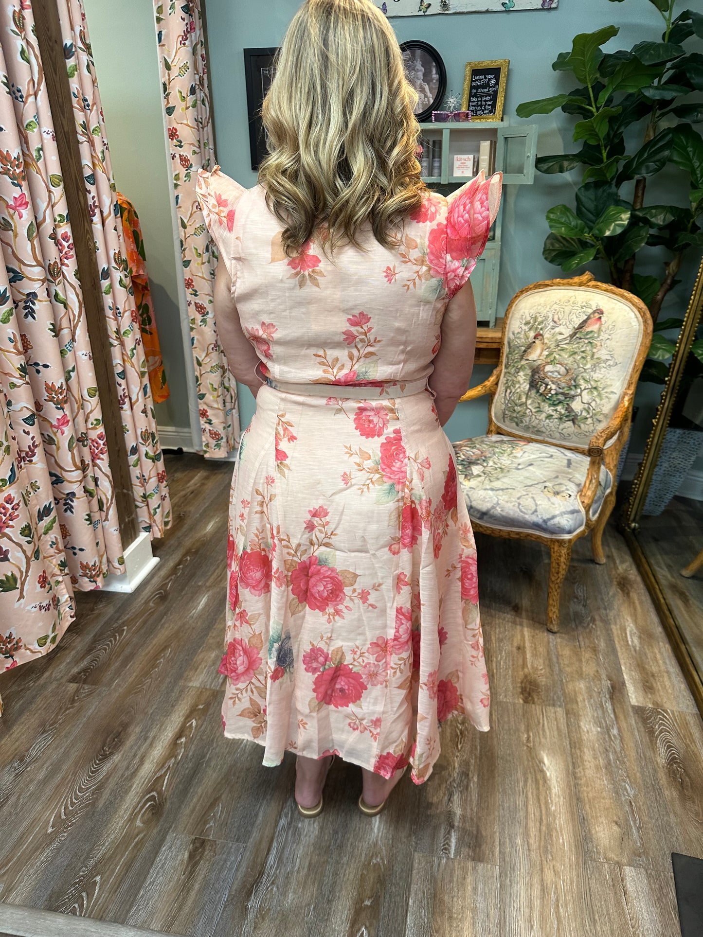 Lt Pink Ruffle Sleeve Floral Dress
