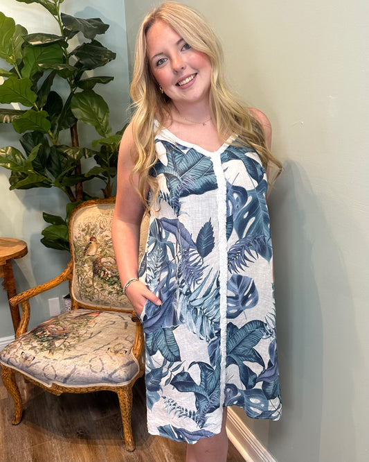 Linen Palm Leaf Print Dress