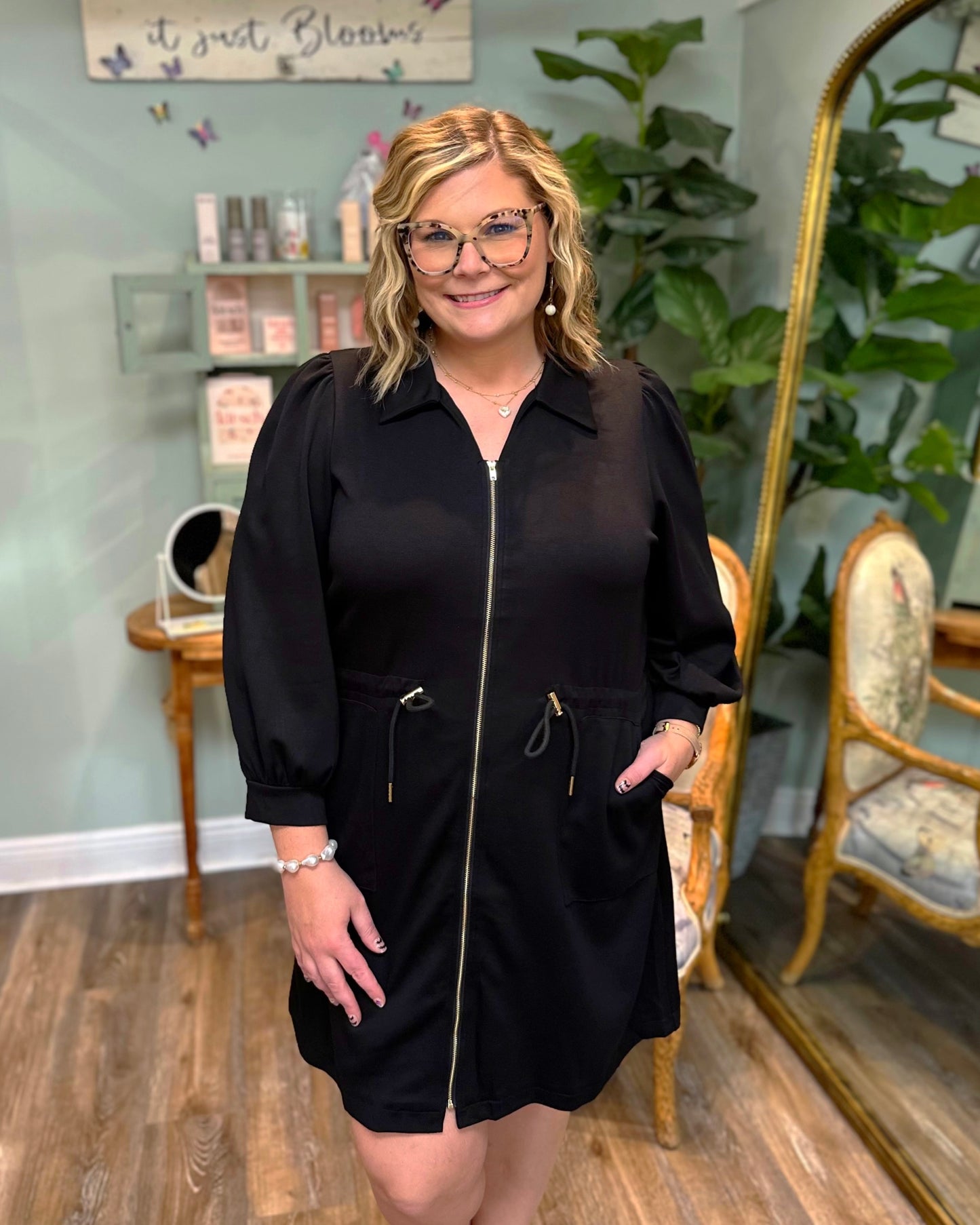 LS Zip Up Tie Waist Dress