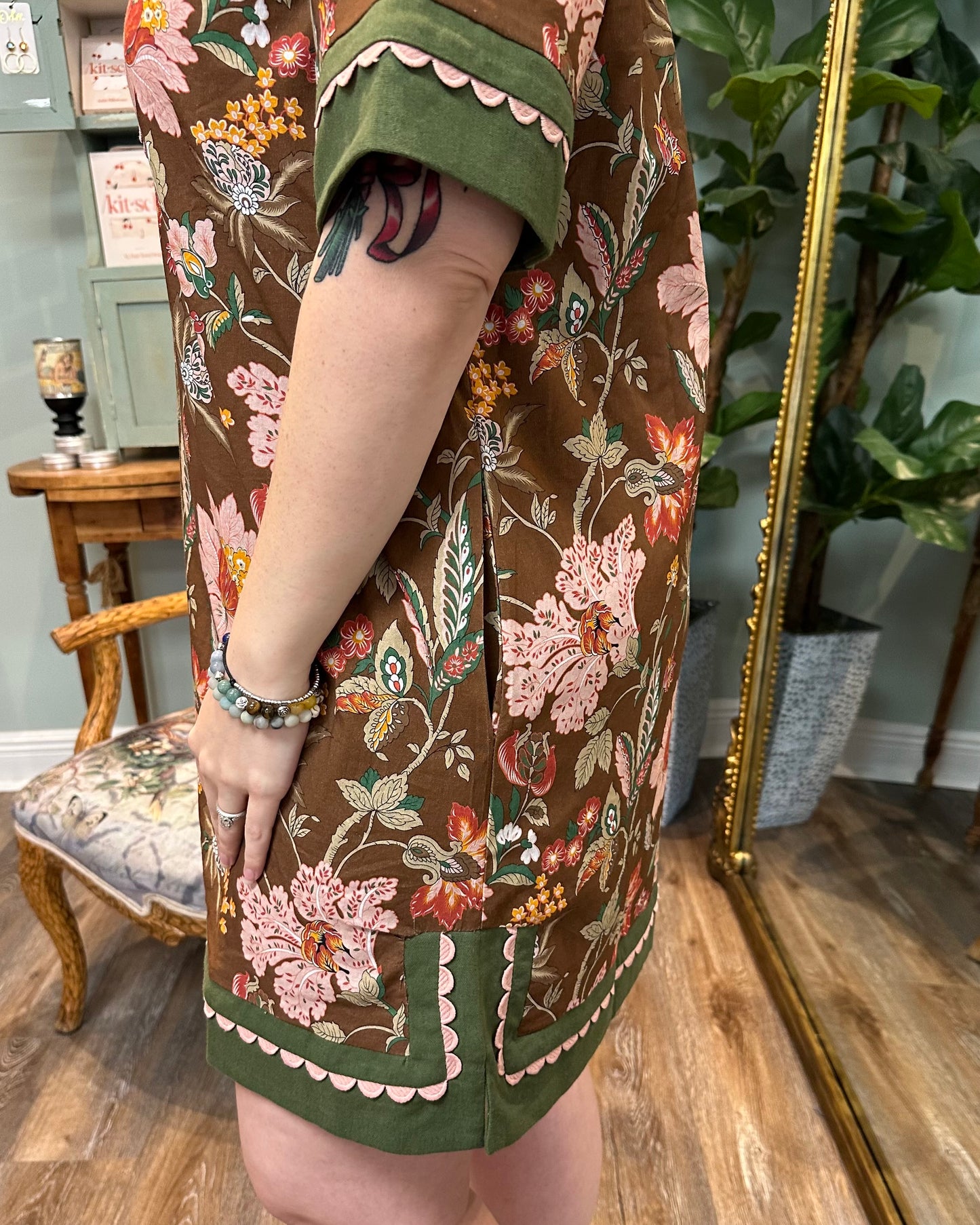 Brown Floral & Green Trim Dress