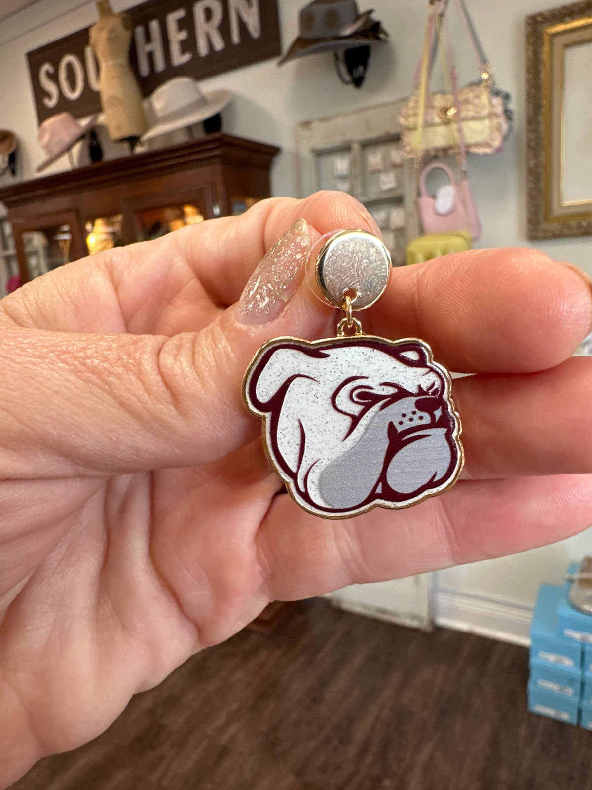 Maroon and White Bulldog Earrings