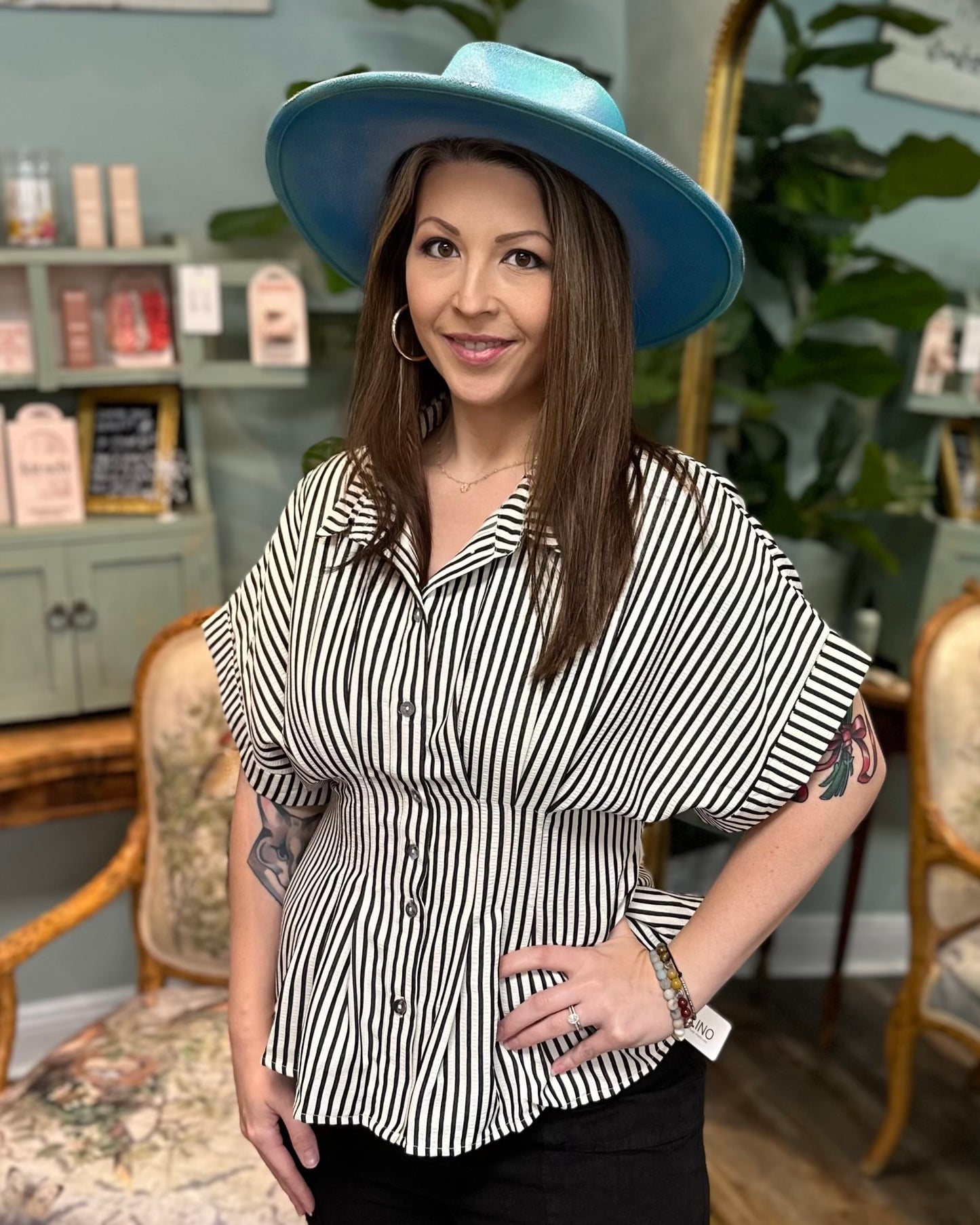 Black Stripe Fitted Waist Top