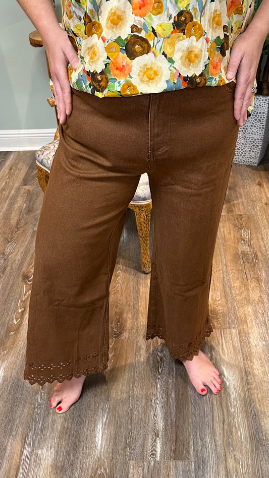 Brown Pant with Eyelet Hem
