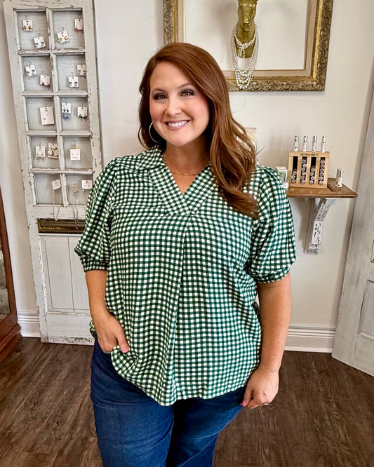 Hunter Green Gingham Puff Sleeve