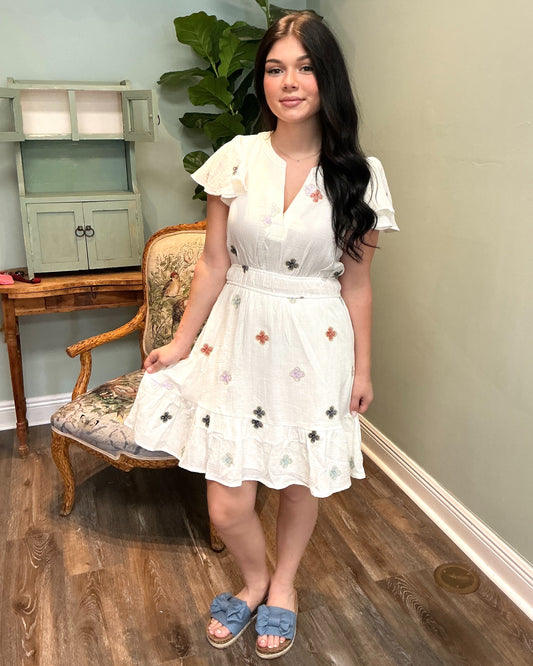 Elastic Waist Embroidered Ivory Gause Dress