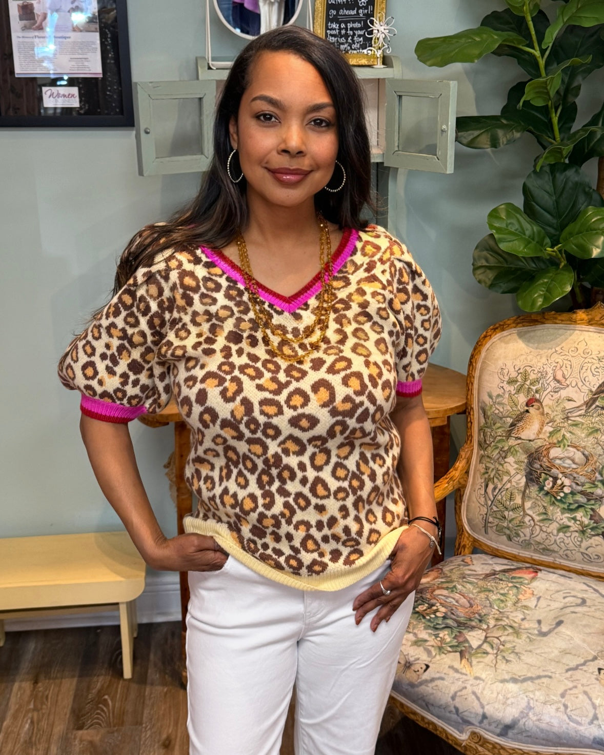 Leopard Puff Sleeve V-Neck Sweater