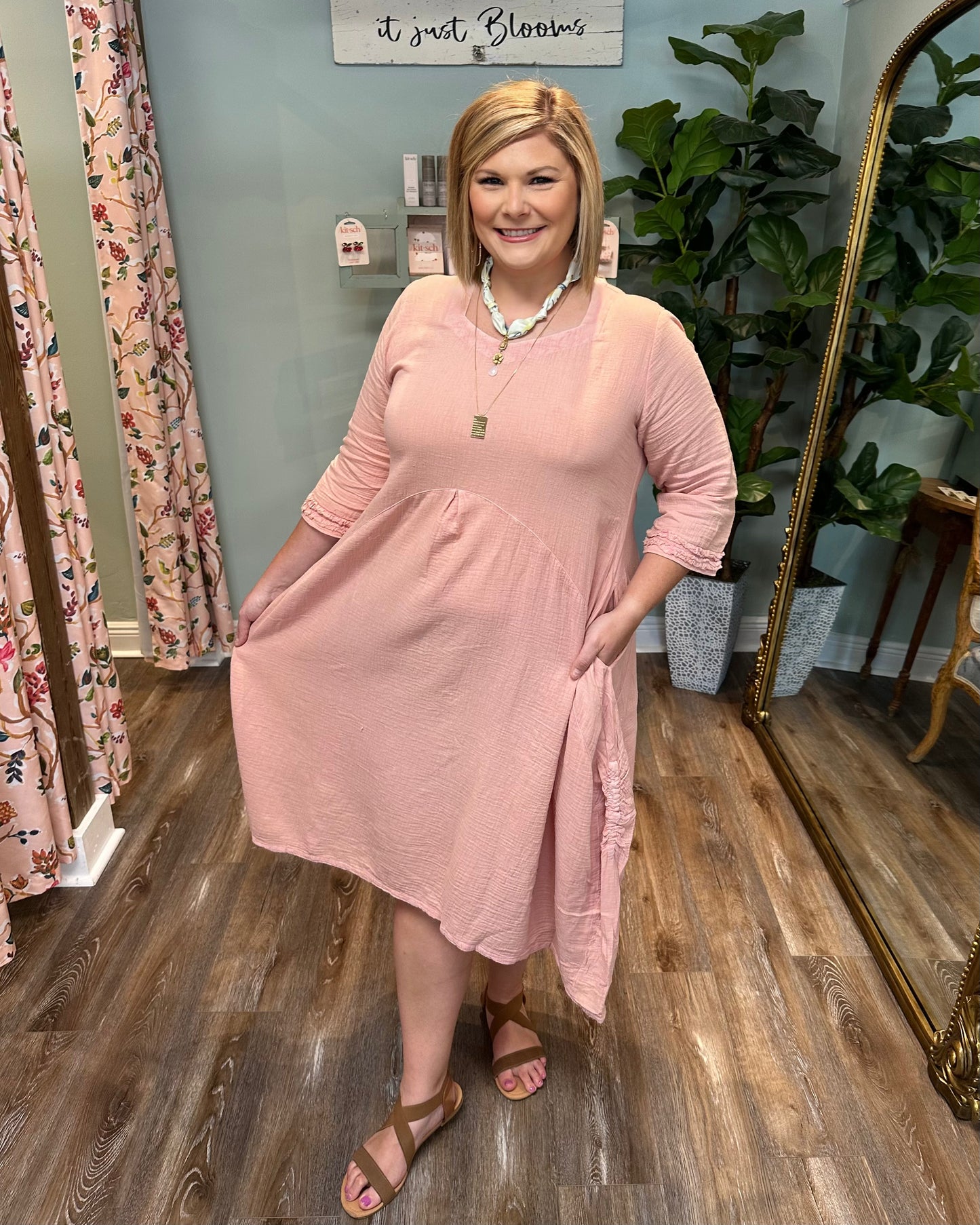 Pink Gauze Dress with Ruffle Cuff